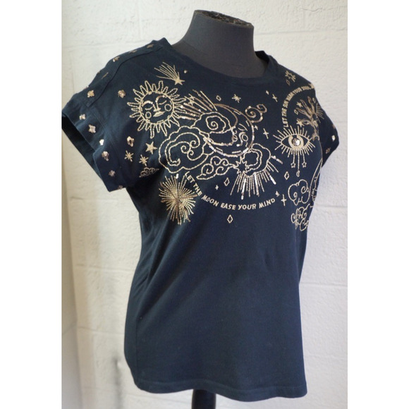 Johnny Was Relaxed Sequin Top Warm Your Soul Sz M-shirt Black Gold Embroided - Picture 8 of 11